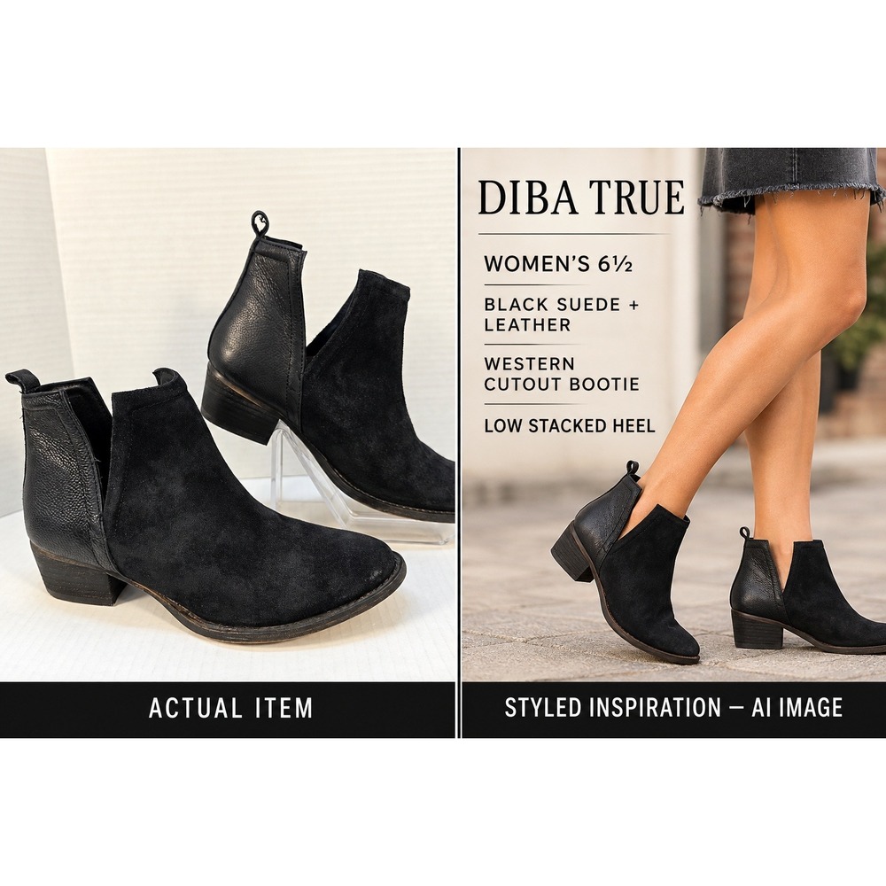 Diba True Western Cutout Bootie Women Black Suede Leather 6.5 Good Boho Cowgirl